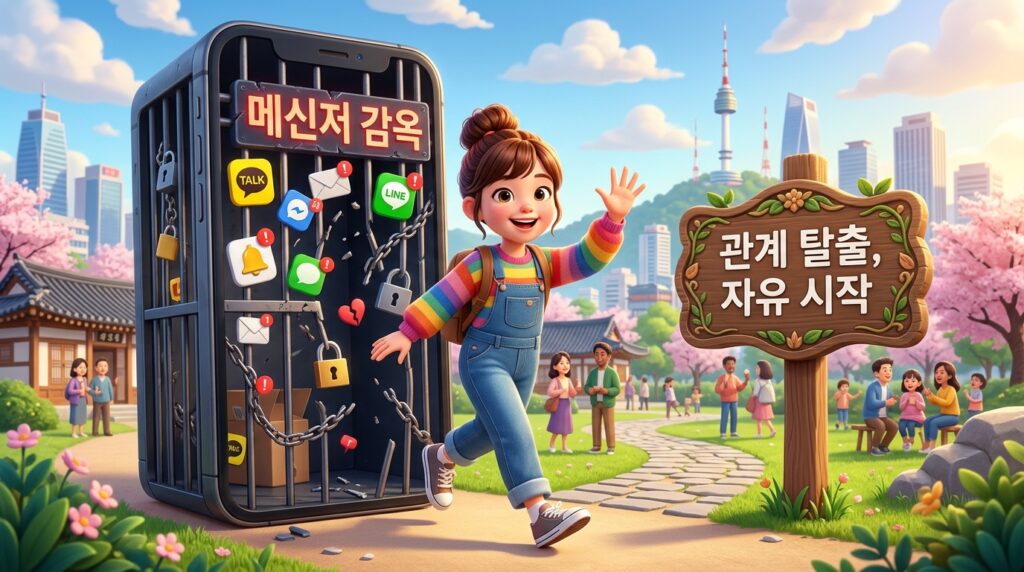 스마트폰 감옥에서 탈출하여 자유를 만끽하는 캐릭터 인포그래픽