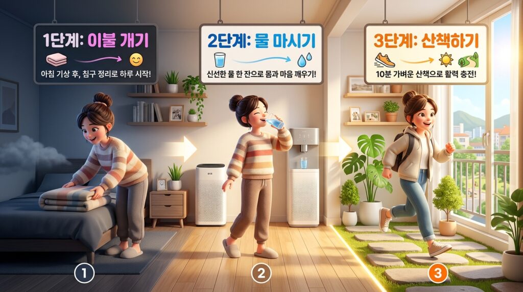 무기력의 늪에서 빠져나오는 3단계. 1단계: 이불 개기, 2단계: 물 마시기, 3단계: 산책하기.