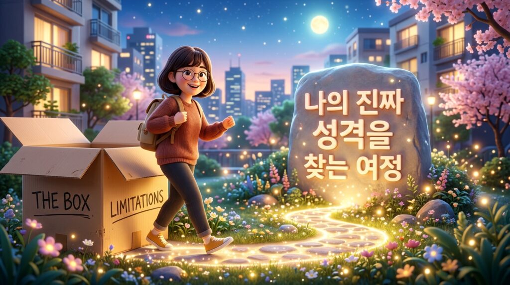 나의 진짜 성격을 찾는 여정의 종착지로서 내면의 빛과 어둠을 상징하는 인포그래픽 요소가 조화를 이루는 한국적인 공간