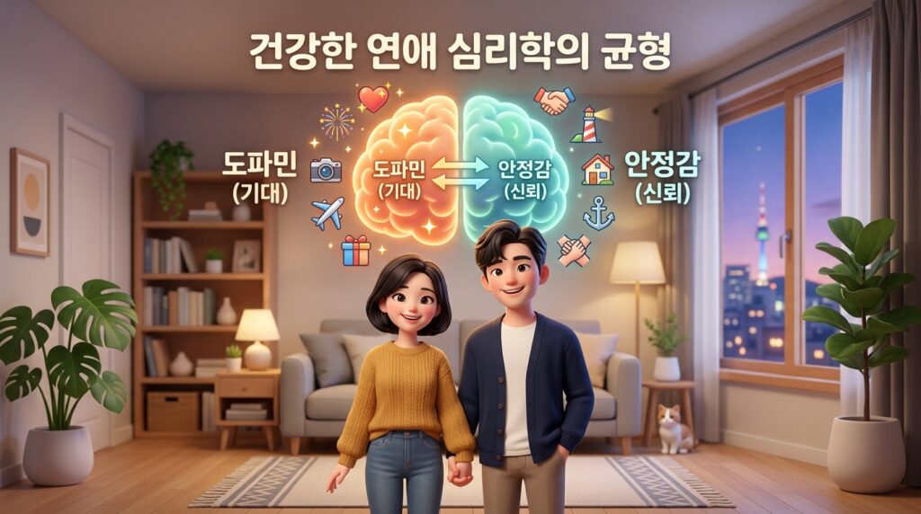 연애 초기 밀당의 올바른 거리두기를 시각화한 서울의 한 세련된 카페 배경