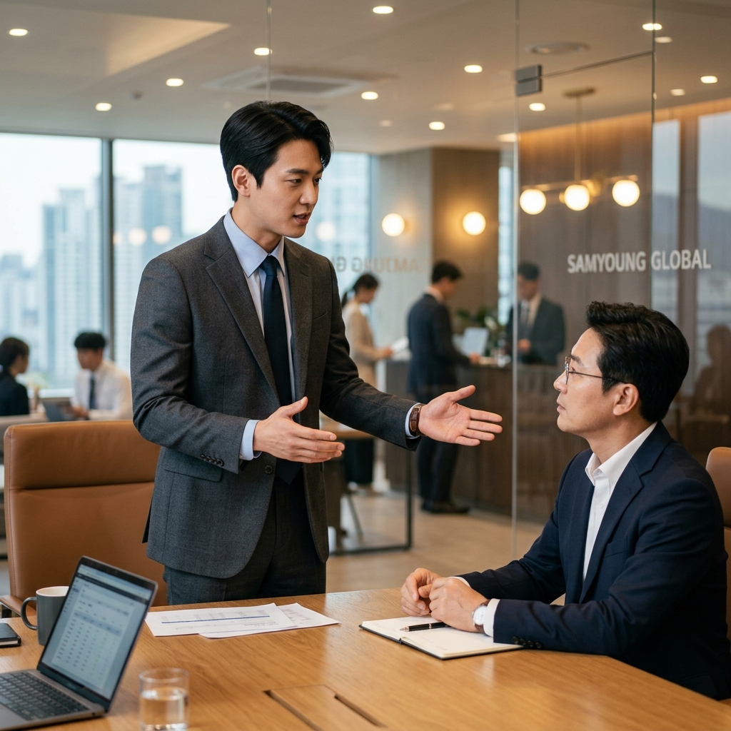 직장 상사와 부하 직원이 온화한 표정으로 업무 일정표를 함께 보며 조율하고 있는 밝은 분위기의 회의실 전경