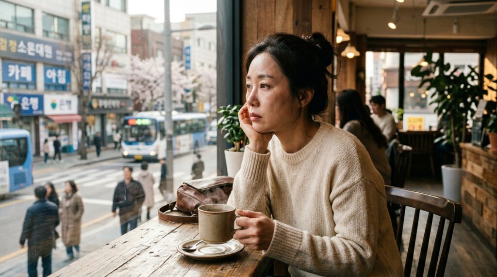 카페에서 대화 중 한 사람은 진지하게 하소연하고, 다른 한 사람은 지친 기색으로 듣고 있는 모습