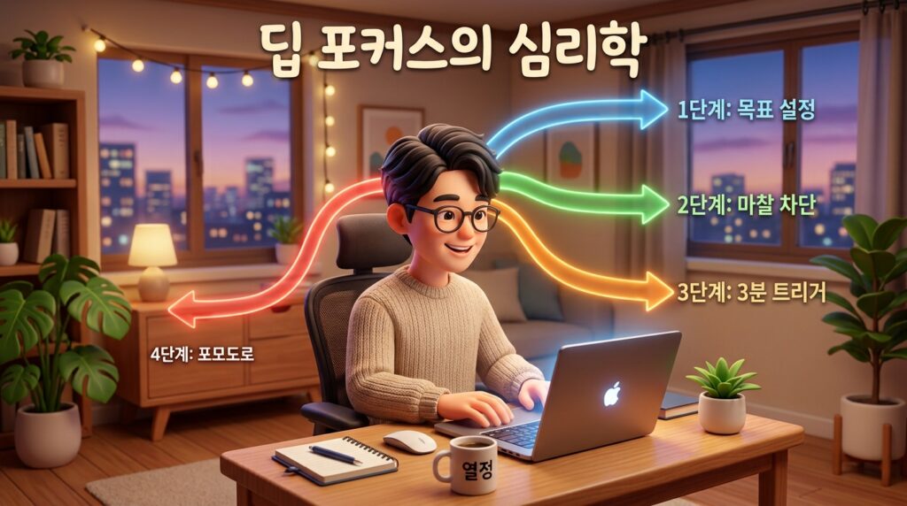 공부와 업무 효율을 200% 올리는 몰입(Flow) 상태 진입 루틴 4단계 시각화 자료를 확인하는 한국 직장인