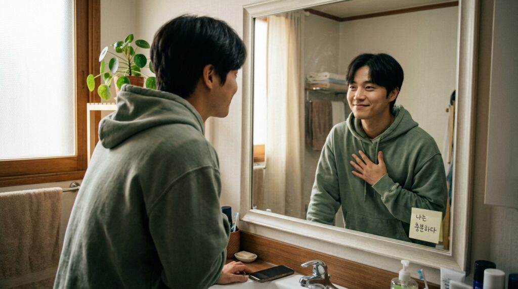 비교 중독 극복을 위해 거울 속 자신을 따뜻하게 바라보는 한국인 남성의 모습