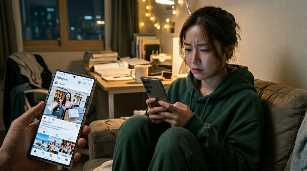 스마트폰 화면 속 타인의 화려한 사진을 보며 비교 중독 증상을 느끼는 한국인 여성의 모습