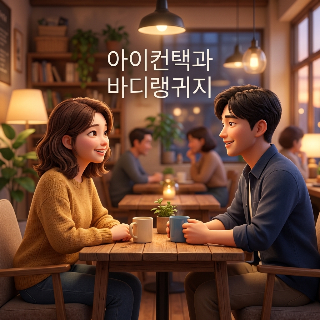 첫 만남에서 상대방의 호감을 얻는 심리학 기반 아이컨택과 바디랭귀지를 시각화하기 위해, 신뢰감을 주는 정장 차림의 남녀가 미소를 지으며 서로의 눈을 안정적으로 바라보고 있는 모습