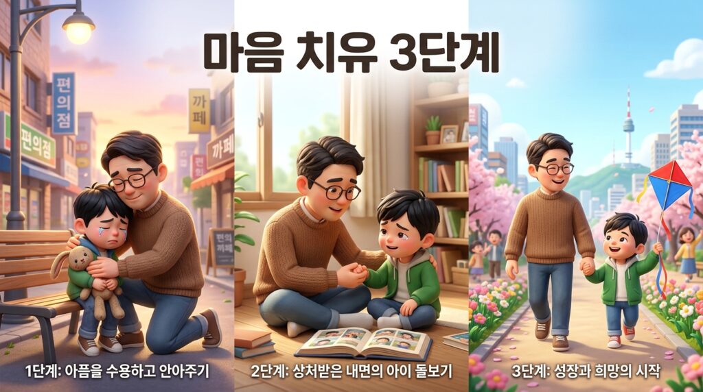 트라우마와 내면아이 극복 단계를 3D 캐릭터로 친근하게 표현한 인포그래픽 디자인