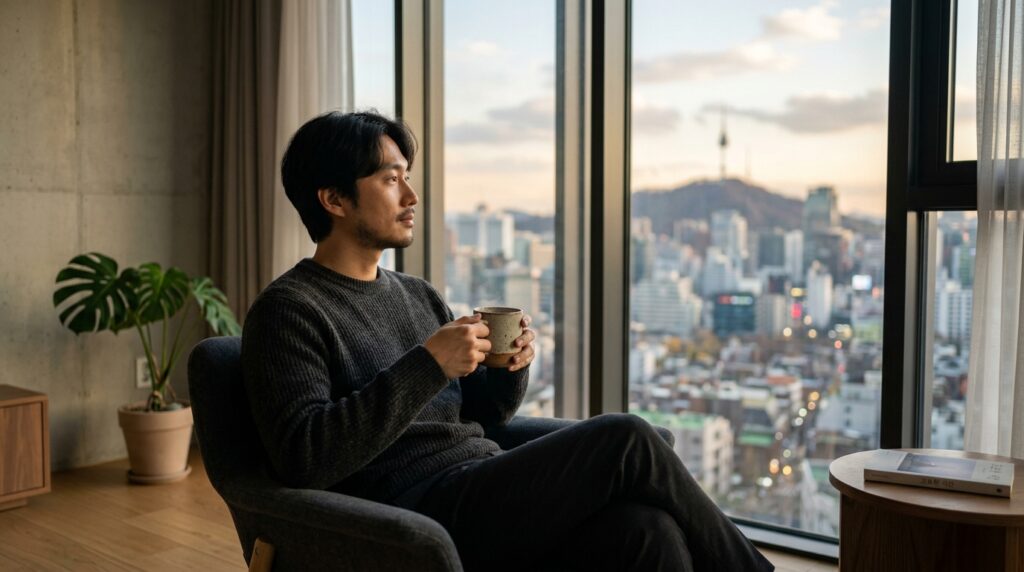 영적 번아웃으로 인해 홀로 어두운 방안에 무기력하게 앉아 있는 한국인 남성의 모습