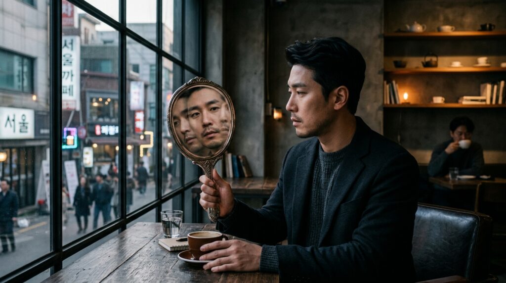 나의 진짜 성격을 찾는 여정 속에서 거울 속에 비친 자신의 진정한 내면을 가만히 들여다보며 미소 짓는 한국인 남성의 모습