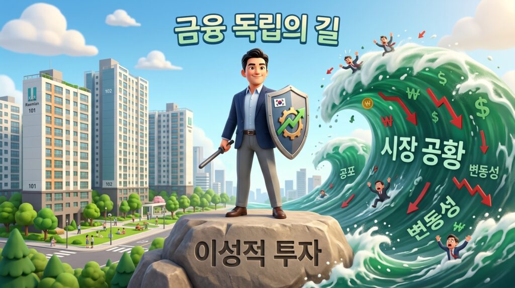 군중 심리를 극복하고 한국식 아파트 거실에서 차분하게 자산 포트폴리오를 분석하는 투자자