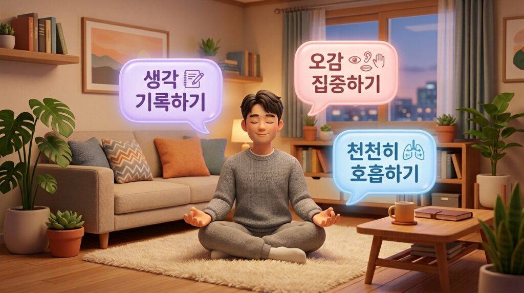 집에서 명상과 마음챙김을 실천하는 남자 3D 일러스트. 생각 기록하기, 오감 집중하기, 천천히 호흡하기 등 스트레스 완화 및 호흡법 관련 한글 텍스트가 포함된 말풍선 배경 그래픽.