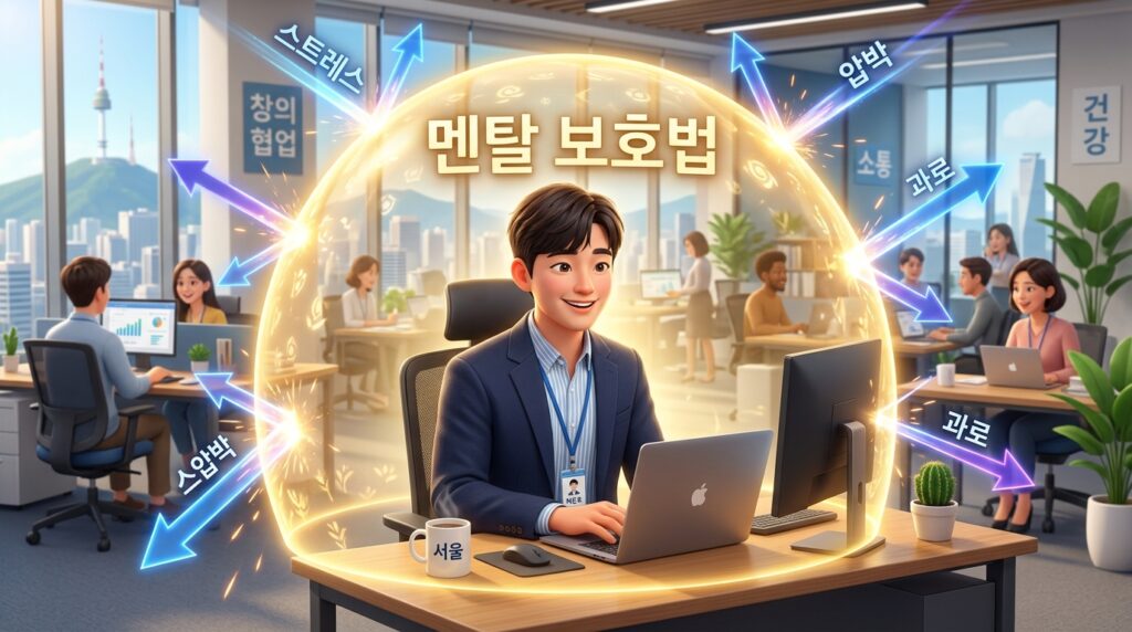 사무실 안에서 업무를 보면서 감정을 정리하고 있는 초민감자 남성의 인포그래픽 시각 자료