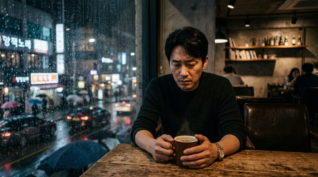 내 안의 부정적인 감정을 억압할 때 생기는 신체화 증상과 감정 분출법을 겪으며 카페에 앉아 고뇌하는 한국인 남성의 모습