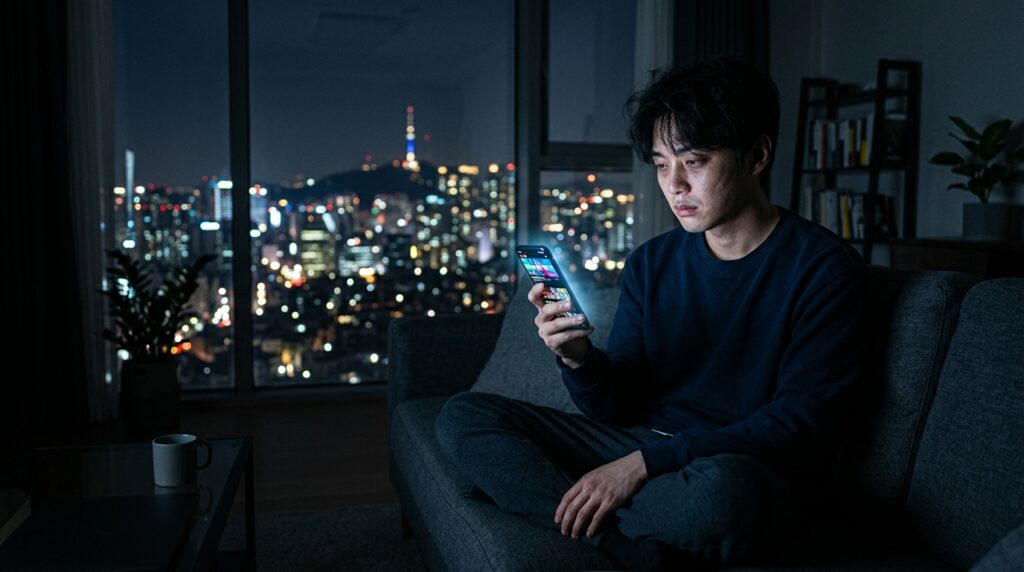 어두운 방안에서 스마트폰 화면 불빛에 의지해 멍하니 숏폼 화면을 보고 있는 청년의 모습