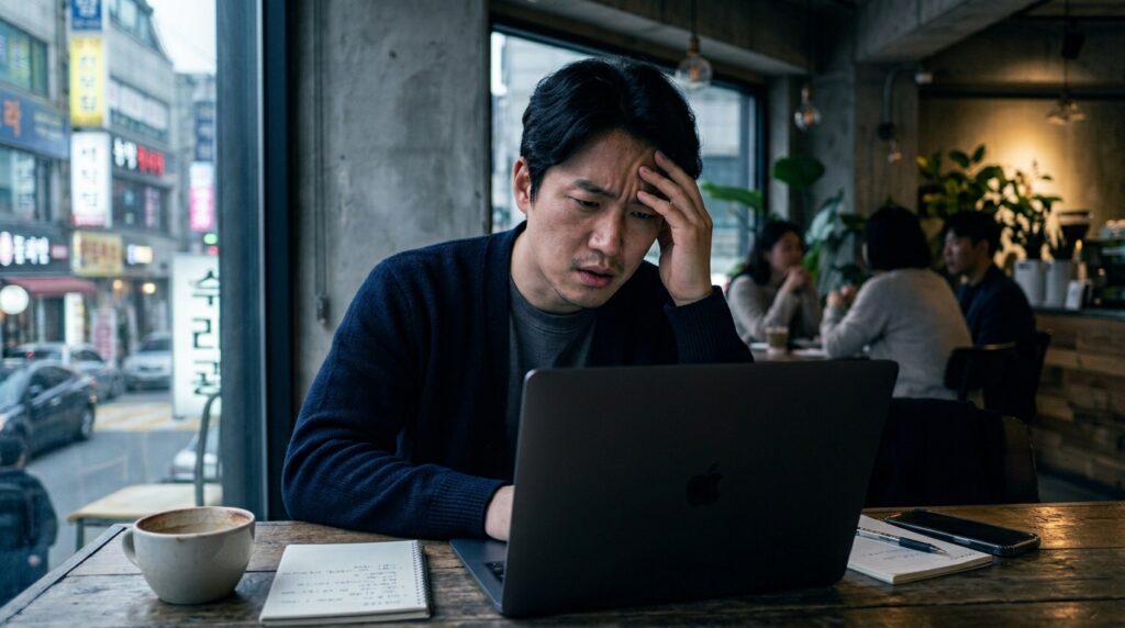 시작공포증을 느끼며 노트북 앞에서 고민에 잠긴 한국인 직장인의 모습