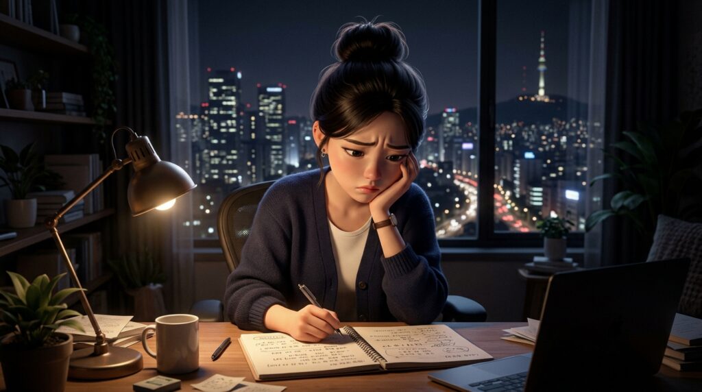 불안 장애 완화를 위해 노트를 펼치고 걱정 기록장을 작성하는 손을 보여주는 인포그래픽 이미지
