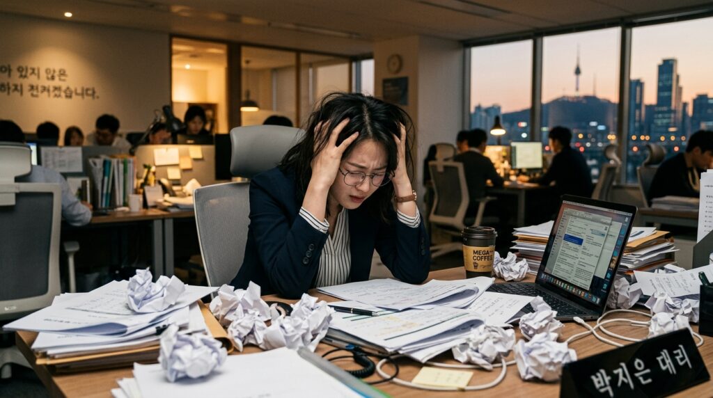 수많은 기획안을 구겨버리고 머리를 감싸 쥔 직장인의 모습