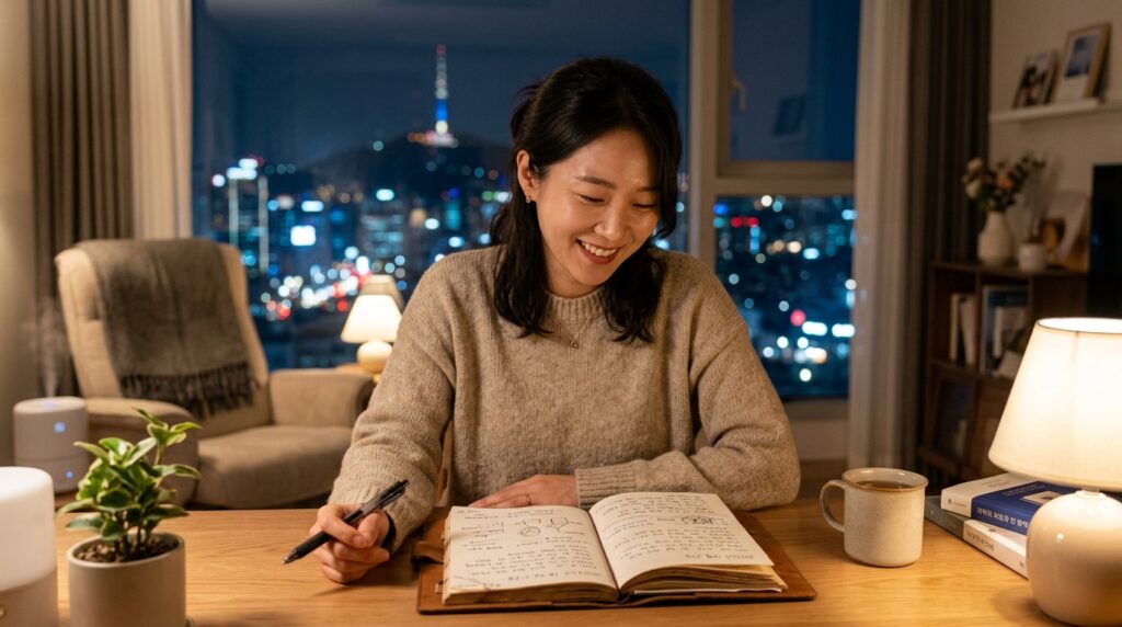 매일일기쓰기효과를 통해 스트레스를 해소하고 편안한 미소를 짓는 한국인 직장인의 모습