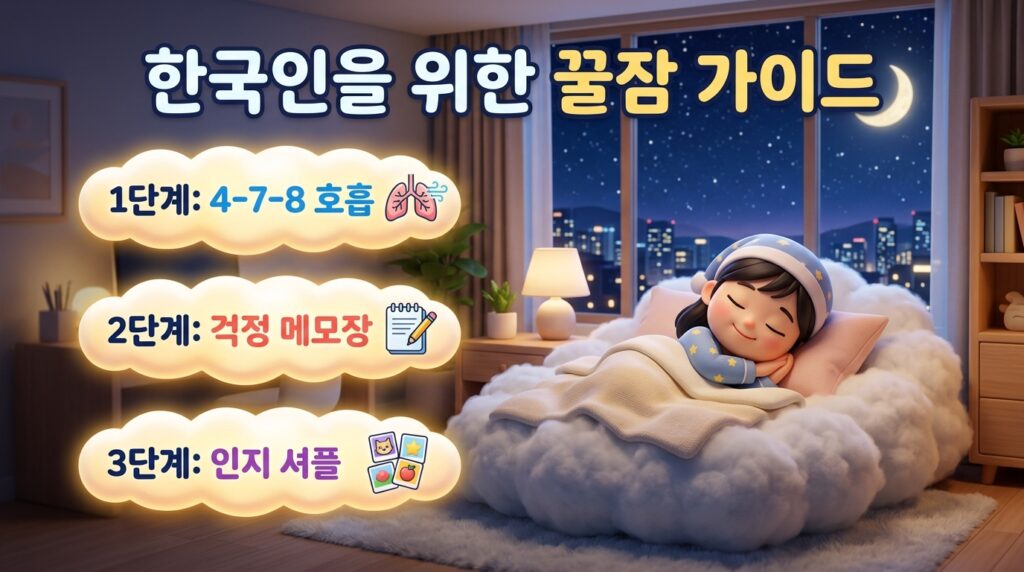 불면증잡생각을 치유하기 위해 침대 위에서 편안하게 호흡 명상을 유도하는 3D애니메이션