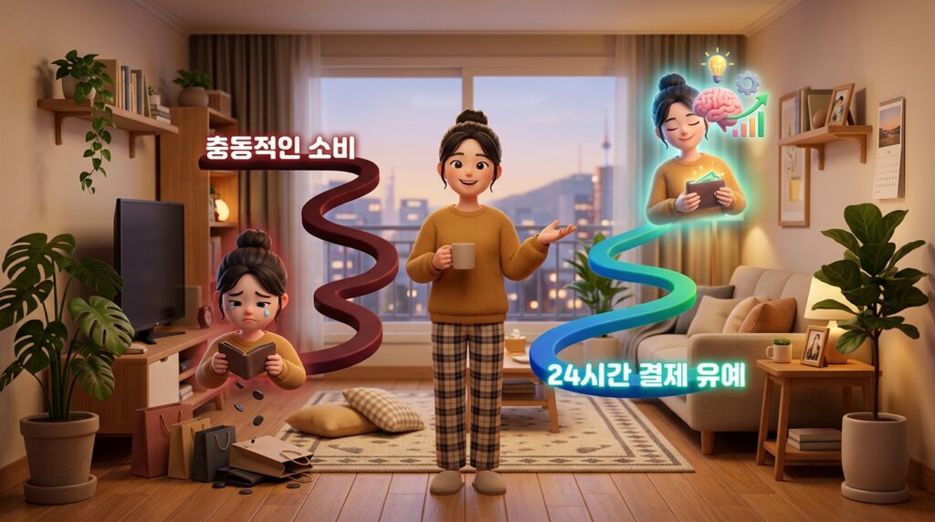 충동구매와 시발비용 욕구를 극복하고 서울의 한 아늑한 카페에서 따뜻한 차를 마시며 마음의 안정을 찾는 한국인 여성