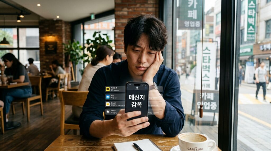 메신저 알림 스트레스를 호소하며 스마트폰을 바라보는 한국인 직장인의 모습