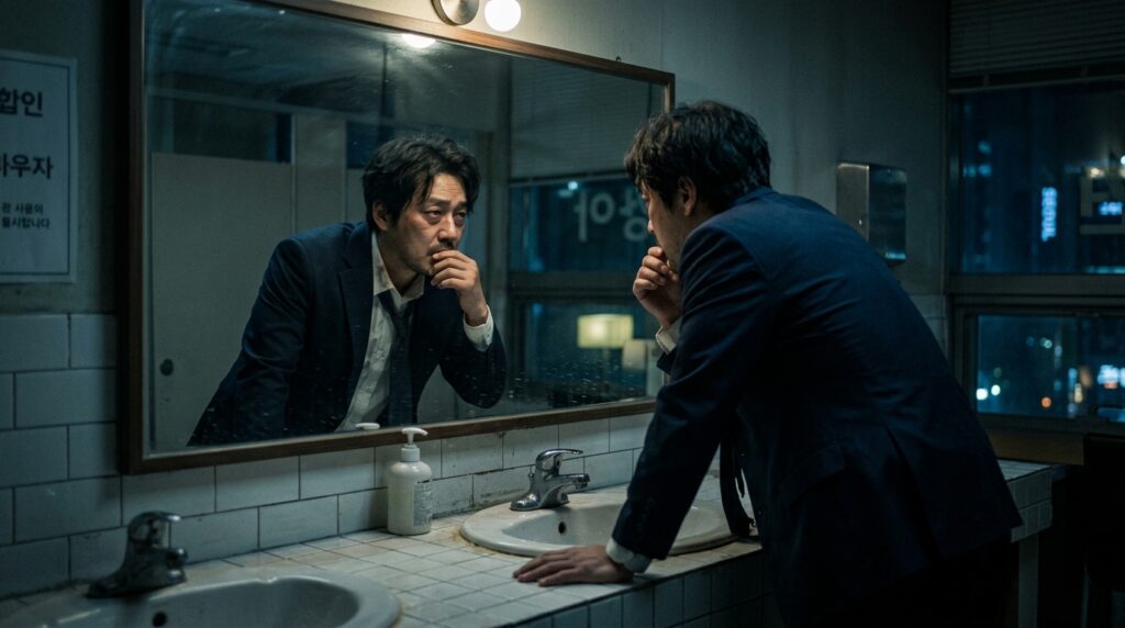 거울을 보며 자기 비하 감정에 빠져 힘들어하는 직장인의 모습
