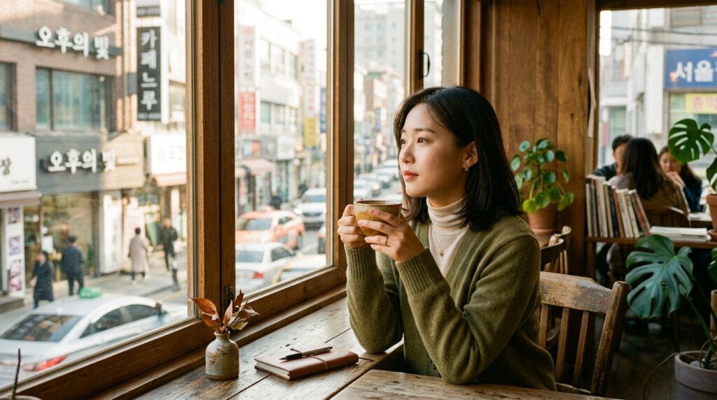 카페 창가에 앉아 생각에 잠긴 한국인 여성의 모습