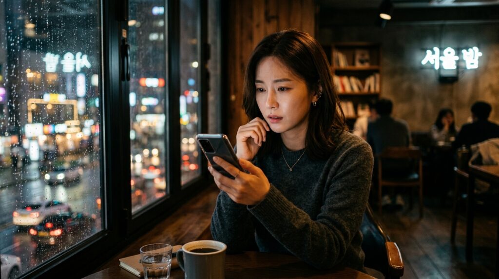 연애 초기 밀당 과정에서 스마트폰을 보며 복잡한 감정을 느끼는 여성의 모습