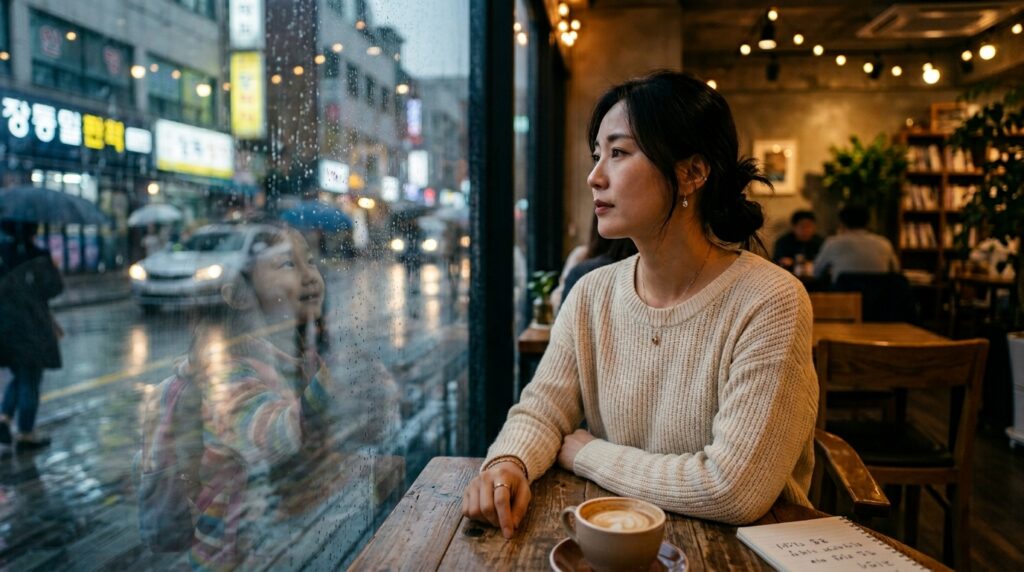 트라우마와 내면아이 치유를 위해 거울 속 어린 시절의 나를 마주하며 위로를 건네는 한국인 성인의 모습