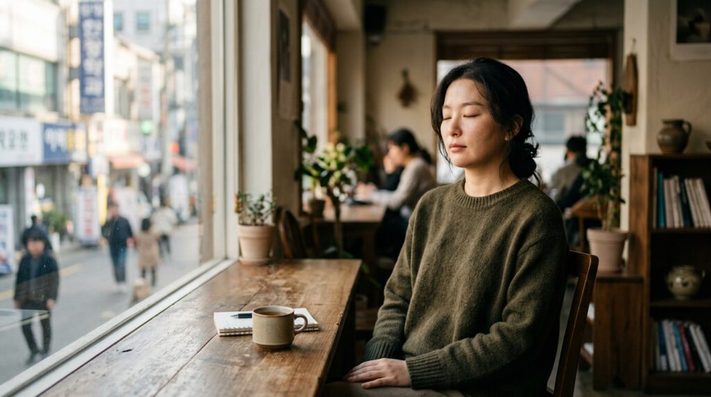 감정 조절판 원리를 시각화하여 마음의 평정을 찾는 여성의 모습