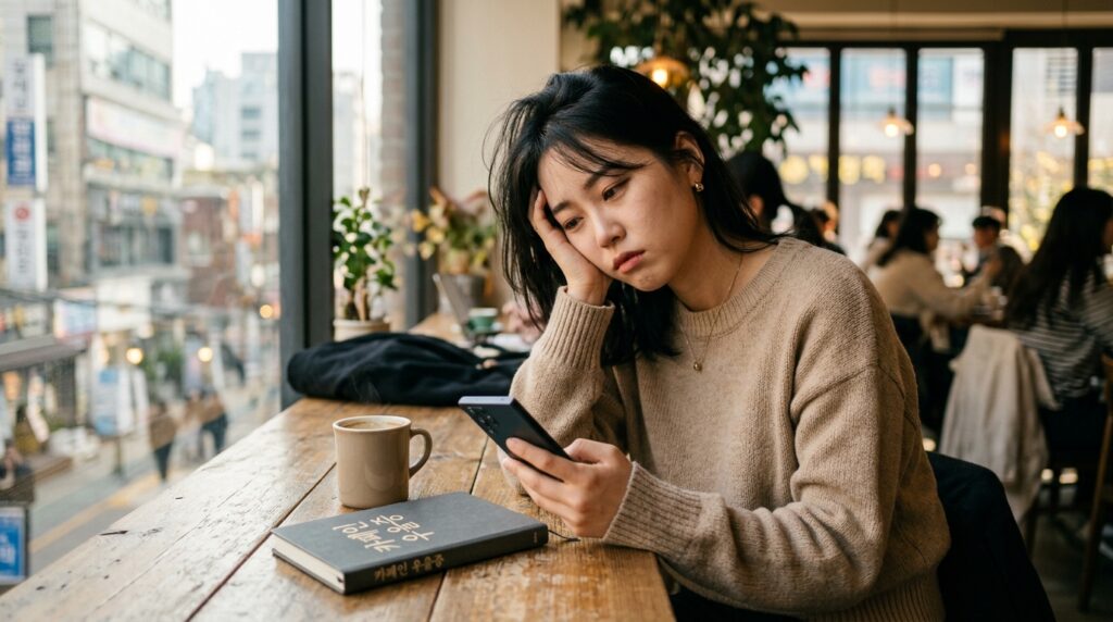 스마트폰을 보며 우울해하는 현대인의 모습과 대비되는 평온한 일상을 담은 이미지