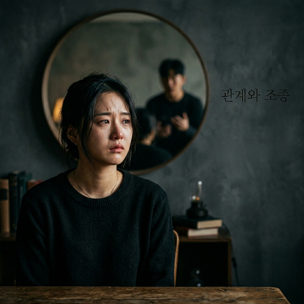 어두운 방 안에서 한 남성이 여성에게 무언가를 속삭이고 있으며 여성은 혼란스러운 표정으로 심리적 통제 상황의 모습