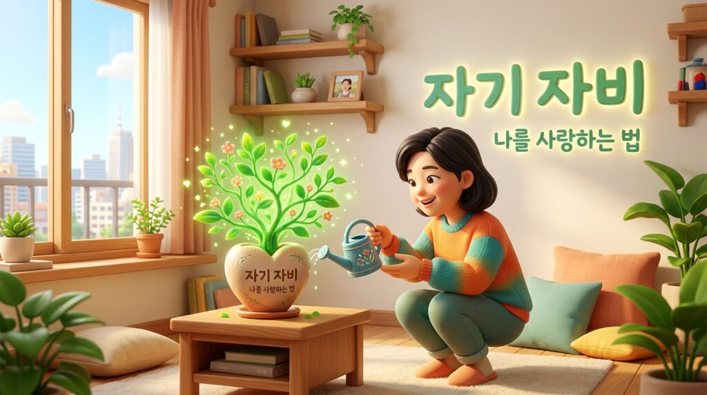 자기 비하 습관을 극복하고 따뜻한 위로의 인포그래픽을 바라보는 여성