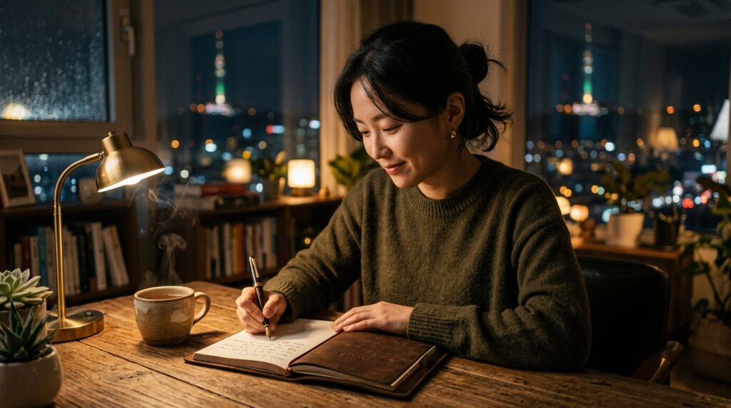 매일일기쓰기효과를 극대화하기 위해 아늑한 방 안에서 일기를 적고 있는 한국인