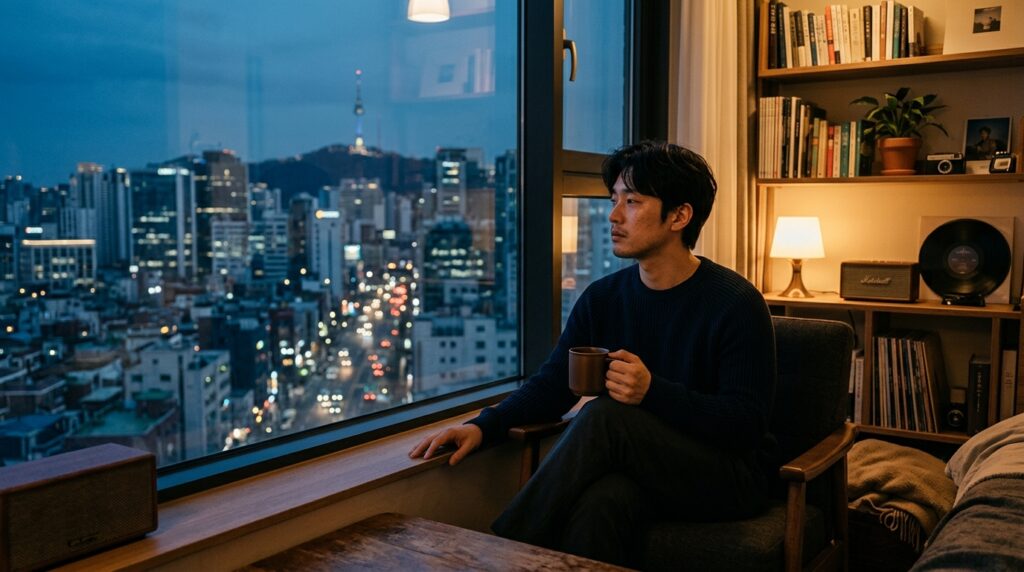 이별 후 홀로 창밖을 바라보며 깊은 생각에 잠긴 인물의 모습