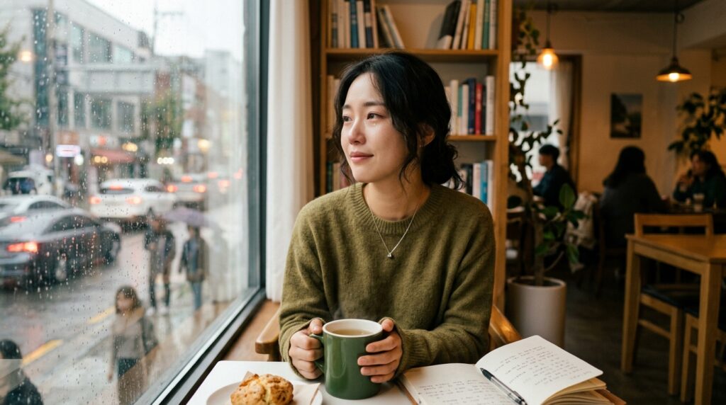 카페 창가에 앉아 따뜻한 차를 마시며 마음을 진정시키고 있는 한국인 초민감자 여성