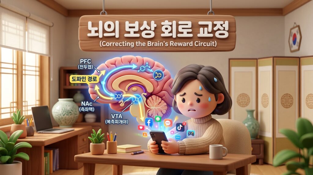 뇌의 보상 회로와 도파민 분비 메커니즘을 시각화한 타이포그래피 인포그래픽
