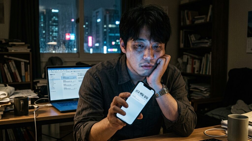 어두운 방 안에서 스마트폰 화면의 파란 불빛을 바라보며 불안해하는 한국인 직장인의 모습