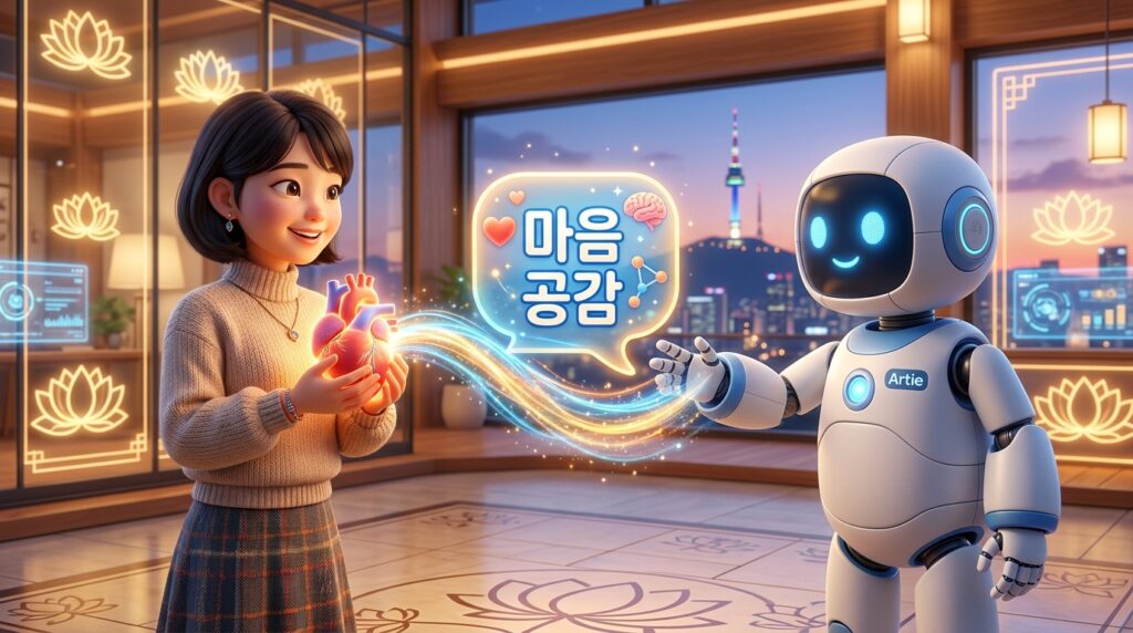 사람의 마음과 AI 알고리즘이 따뜻하게 연결되는 상징적인 3D 인포그래픽