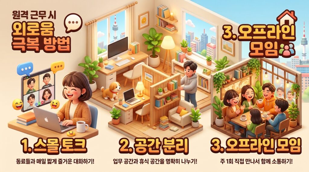 홈 오피스 환경과 정서적 유대감 회복을 나타내는 3D 인포그래픽