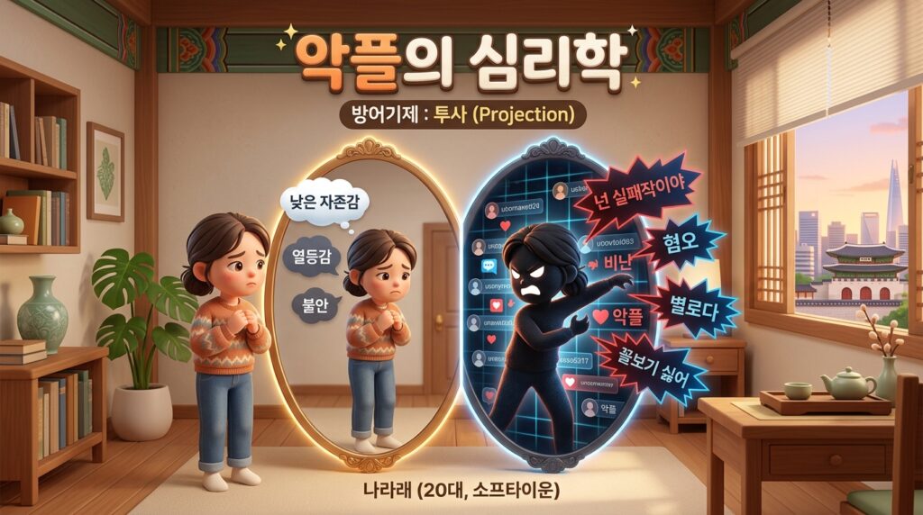 거울을 바라보고 있는 사람의 일러스트. 거울 속 비친 모습은 분노에 가득 차 키보드를 두드리는 형상이며, 거울 표면에는 '투사와 열등감'이라는 글자가 새겨져 있다.