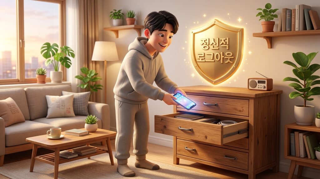 퇴근 후 스마트폰을 서랍에 넣고 따뜻한 차를 마시며 휴식을 취하는 평온한 표정의 한국인 남성.