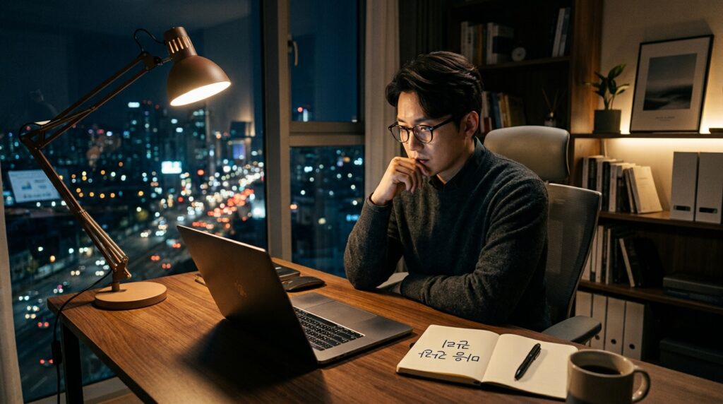 재택근무 중 노트북을 바라보며 쓸쓸함을 느끼는 직장인의 모습