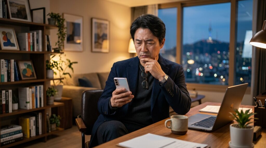 스마트폰을 보며 복잡한 표정을 짓는 한국인 남성의 모습