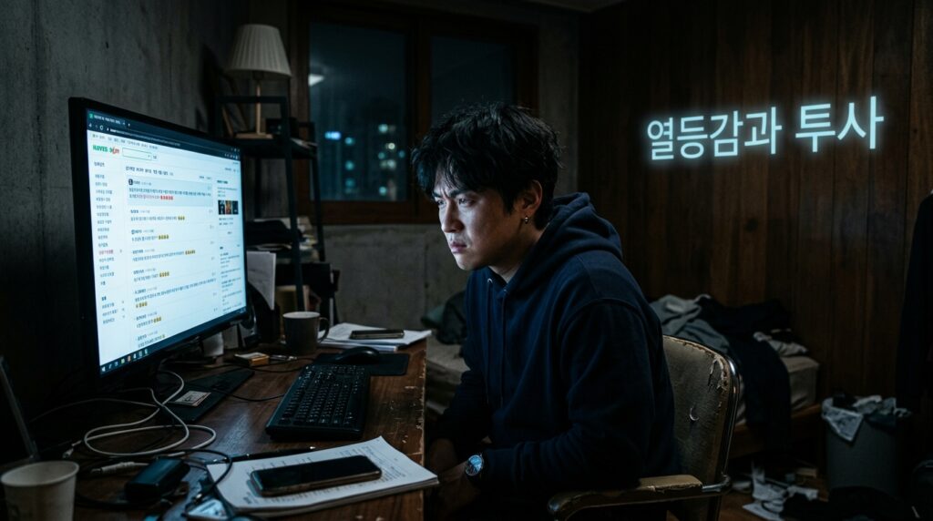 어두운 방 안에서 모니터 불빛을 받으며 키보드를 치고 있는 사람의 뒷모습. 화면에는 복잡한 댓글 창이 띄워져 있다.
