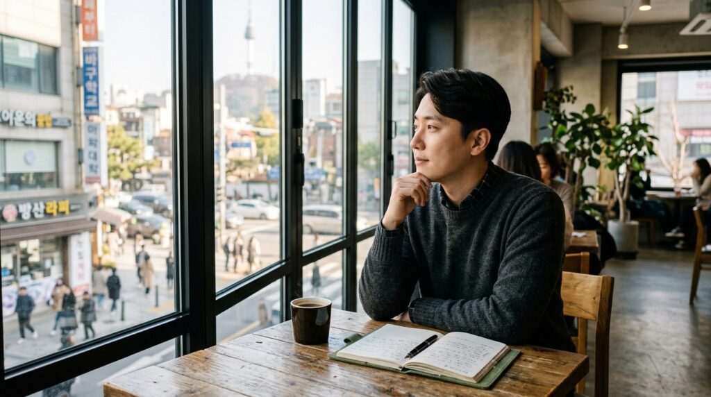카페 창밖을 바라보며 편안하게 휴식하는 한국인 직장인의 모습