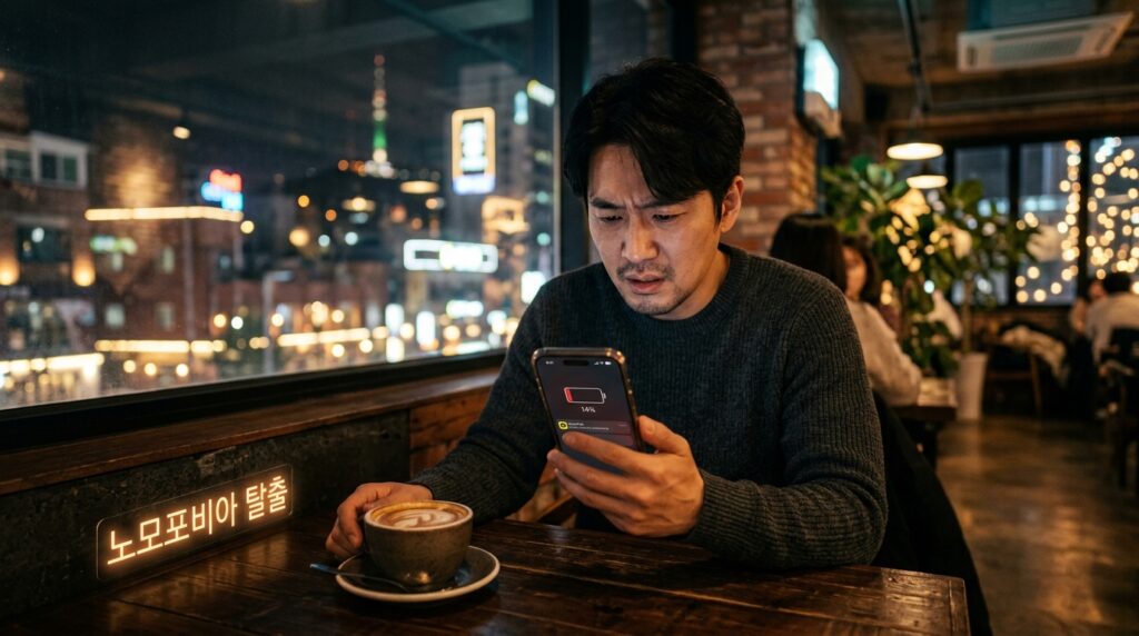 스마트폰 화면을 바라보며 불안해하는 현대인의 모습