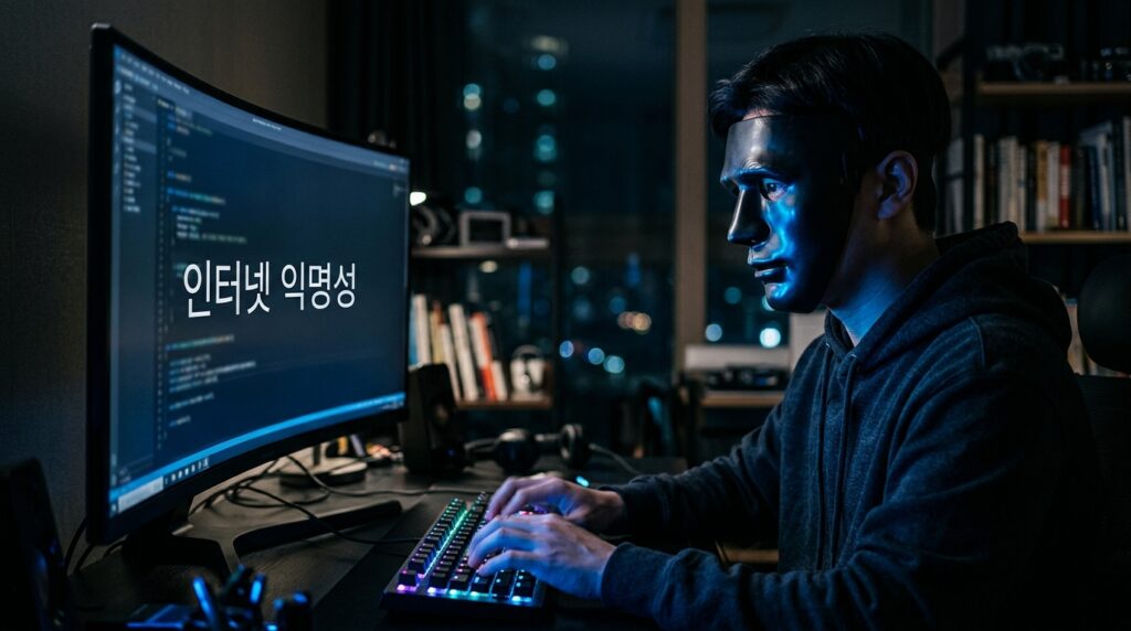 모니터 빛 아래에서 익명의 가면을 쓰고 키보드를 치는 인물의 신비로운 모습