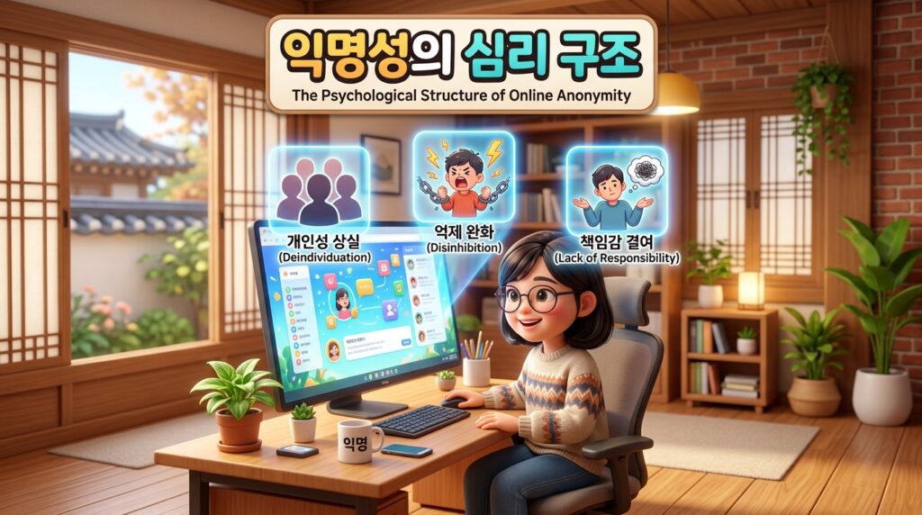 인터넷 익명성으로 인한 심리적 변화 과정을 나타낸 3D 인포그래픽
