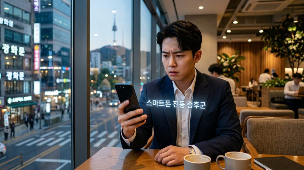 스마트폰을 쥐고 불안한 표정으로 화면을 들여다보는 현대인의 모습